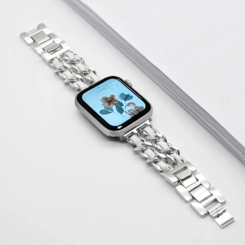NEW Strap Silver White Chain Leather Stainless Band For Apple Watch